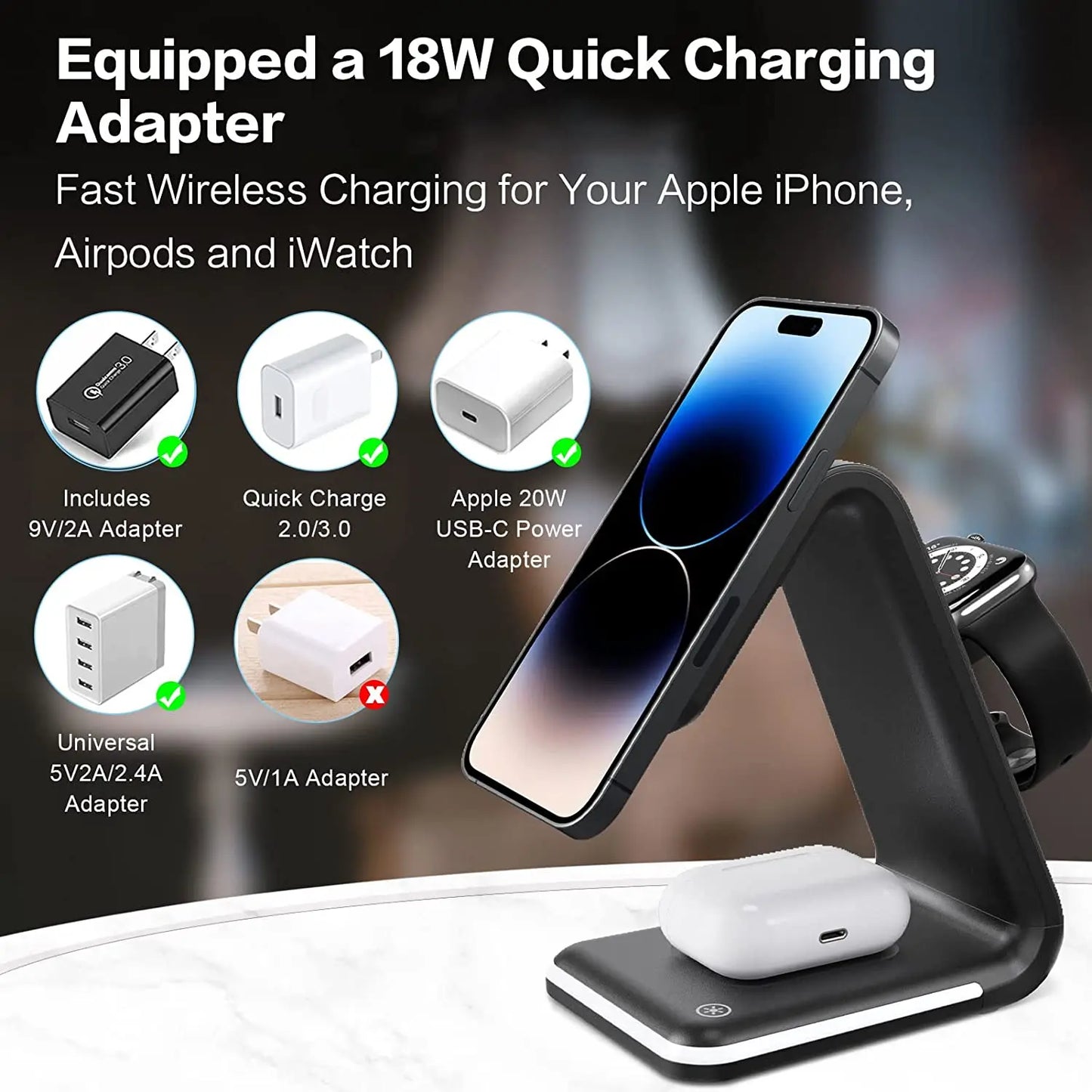 15W Fast Charging Wireless Charger, 3 in 1 Charging Station for Multiple Devices Apple iWatch AirPods Products with LED