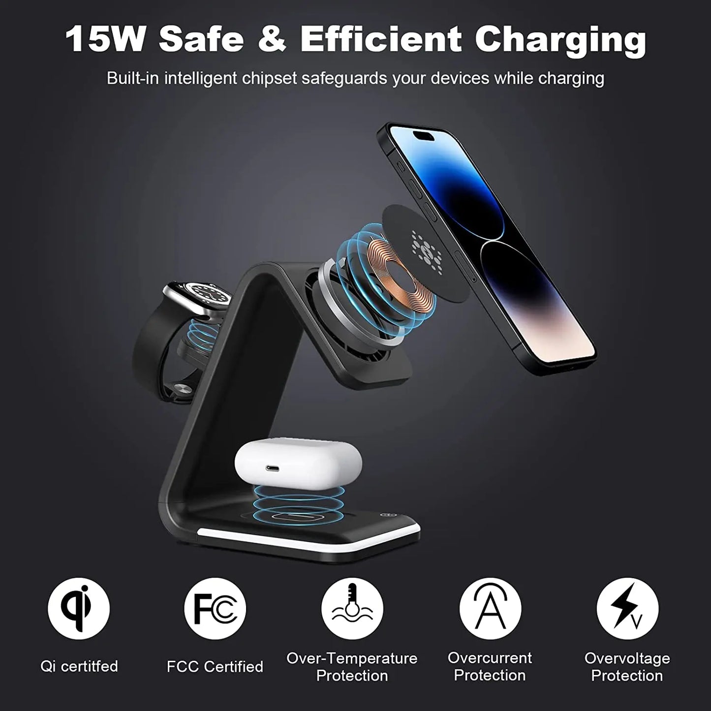 15W Fast Charging Wireless Charger, 3 in 1 Charging Station for Multiple Devices Apple iWatch AirPods Products with LED