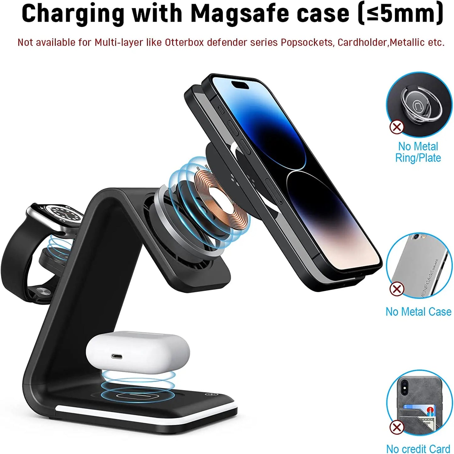 15W Fast Charging Wireless Charger, 3 in 1 Charging Station for Multiple Devices Apple iWatch AirPods Products with LED